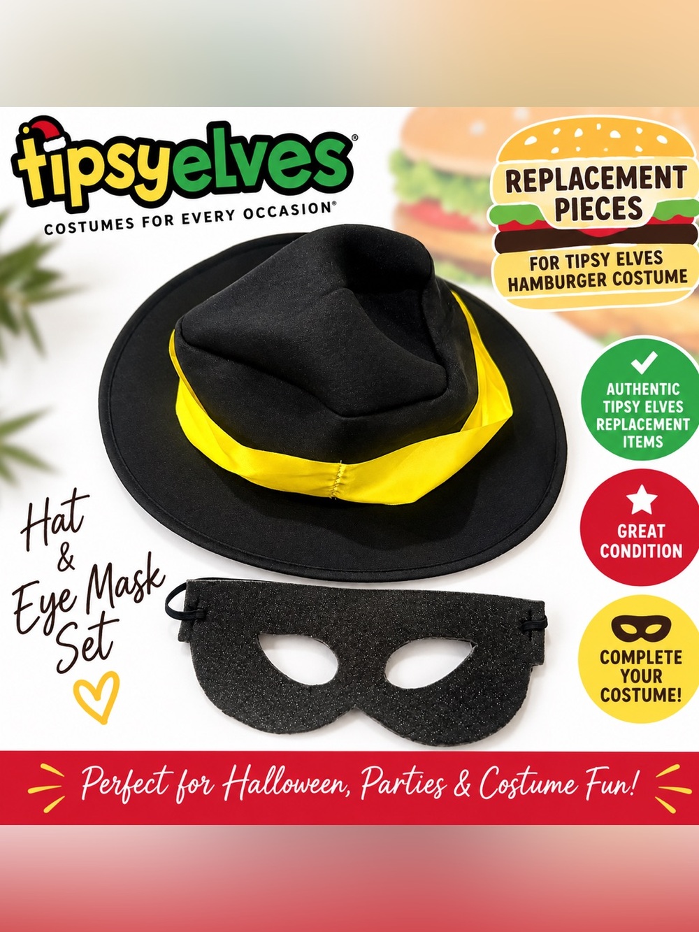 Tipsy Elves Black Hat and Mask Set Yellow hamburger costume cute Halloween